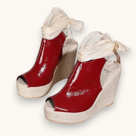 Women's Round Peep Toe Platform Wedge Sandals Espadrille, RED, Size 6.5 - Picture 2 of 7